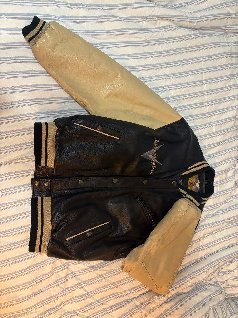 Harley-Davidson Black and Cream Leather Varsity Jacket